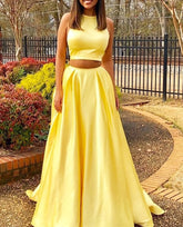 Simple Two Piece Yellow Prom Dresses Satin Long With Pockets - MyChicDress